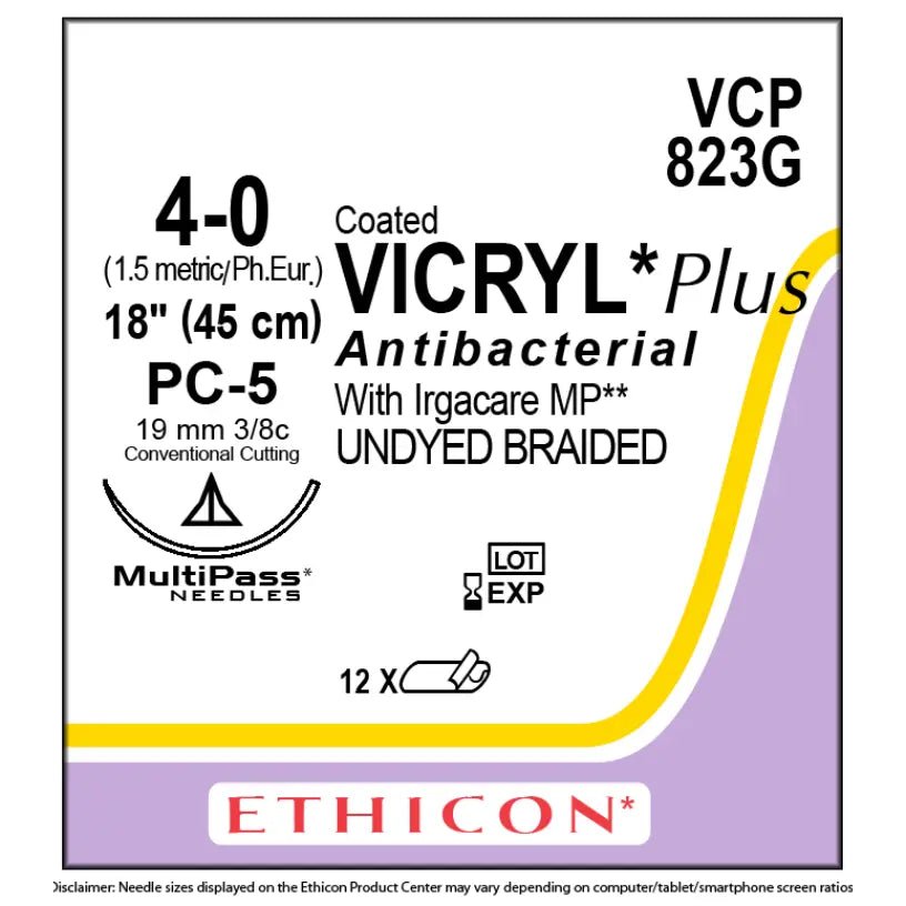 Ethicon Ethicon COATED VICRYL PLUS Polyglactin 910 Braided Absorbable Antibacterial Surgical Suture – USP 4 - 0 – 45 cm (18 in) – Undyed – Single - Armed Conventional Cutting PC - 5 MULTIPASS® Needle 19 mm, 3/8 Circle – VCP823G (Box of 12) Size: 4 - 0 Colour: Undyed UK VCP823G