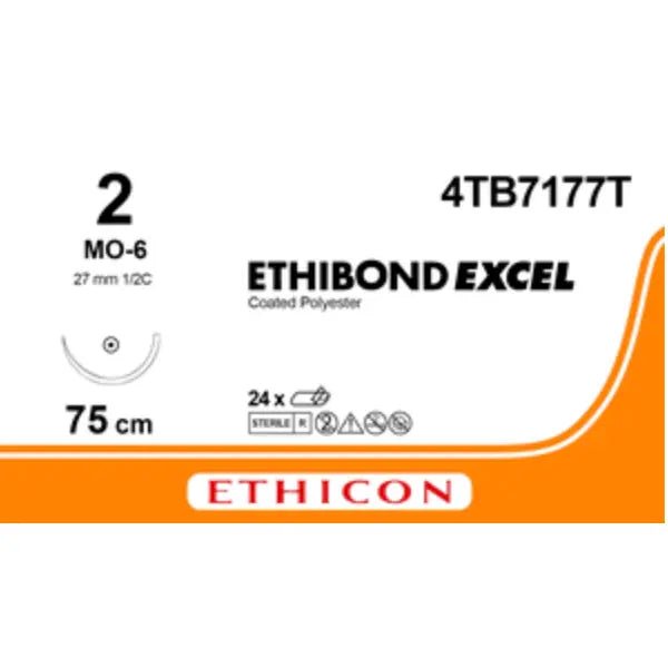 Ethicon Ethicon ETHIBOND™ EXCEL Polyester Suture – Non - Absorbable Braided – USP 2 – 75cm (30”) – Green/White – MO - 6 Taper Point Needle – Double Armed – 4TB7177T (Box of 24) UK 4TB7177T