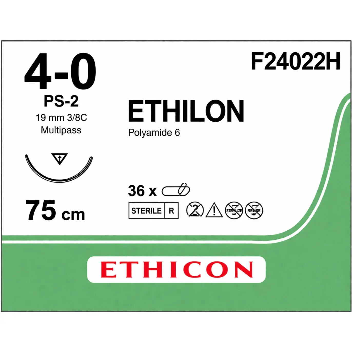 Ethicon Ethicon ETHILON Black Monofilament Non - Absorbable Surgical Suture USP 4 - 0 30 in (75 cm) Black PS - 2 Prime Reverse Cutting Needle 19 mm 3/8 Circle F24022H (Box of 36) UK F24022H