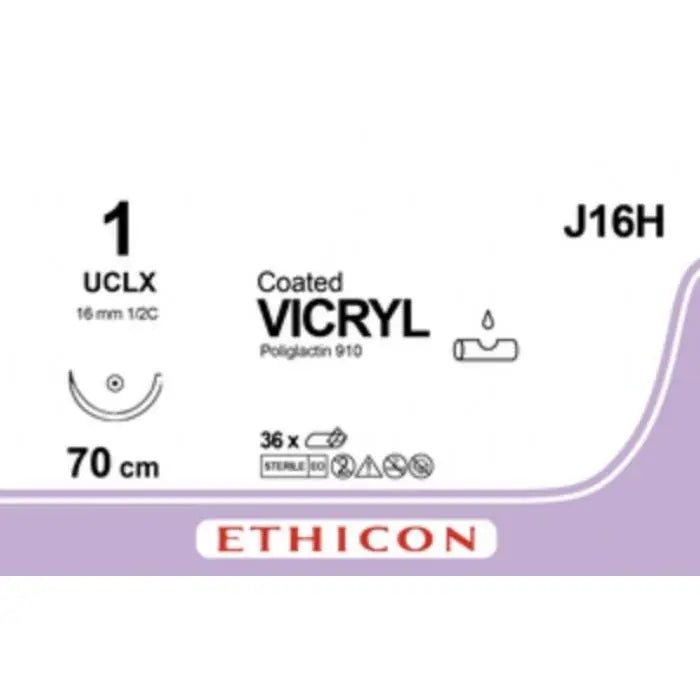 Ethicon Ethicon COATED VICRYL Polyglactin 910 Braided Absorbable Surgical Suture – USP 1 – 70 cm – Violet – Single - Armed Conventional Cutting UCLX Needle – J16H (Box of 36) Size: 1 Colour: Violet Style: Conventional Cutting UCLX UK J16H