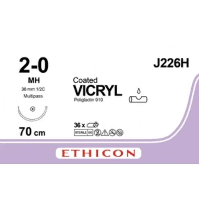 Ethicon Ethicon COATED VICRYL Polyglactin 910 Braided Absorbable Surgical Suture – USP 2 - 0 – 70 cm – Undyed – Single - Armed Taper Point MH MP Needle – J226H (Box of 36) Size: 2 - 0 Colour: Undyed Style: Taper Point MH MP UK J226H