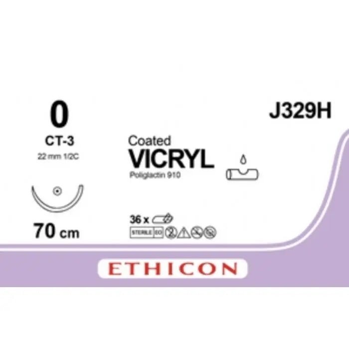 Ethicon Ethicon COATED VICRYL Polyglactin 910 Braided Absorbable Surgical Suture – USP 0 – 70 cm – Violet – Single - Armed Taper Point CT - 3 Needle 26 mm, 1/2 Circle – J329H (Box of 36) Size: 0 Colour: Violet Style: Taper Point CT - 3 UK J329H