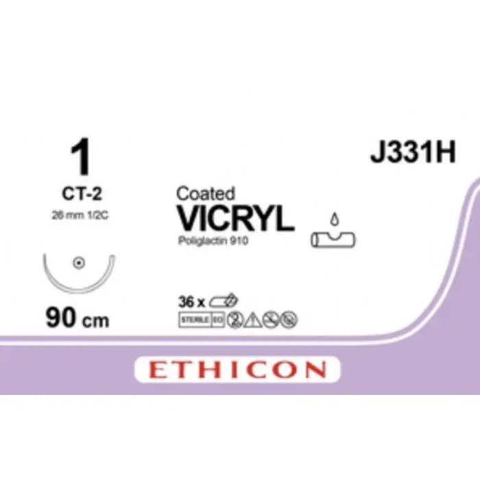 Ethicon Ethicon COATED VICRYL Polyglactin 910 Braided Absorbable Surgical Suture – USP 1 – 90 cm – Violet – Single - Armed Taper Point CT - 2 Needle 40 mm, 1/2 Circle – J331H (Box of 36) Size: 1 Colour: Violet Style: Taper Point CT - 2 UK J331H