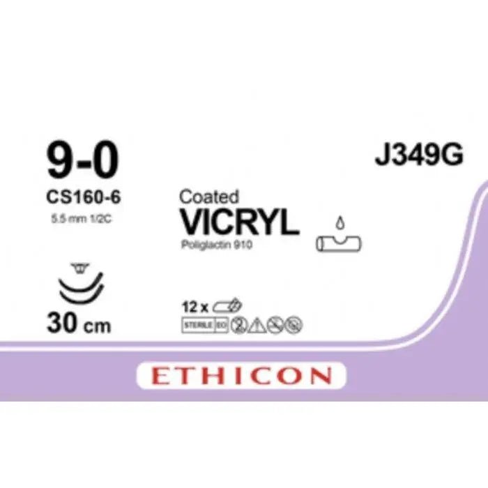 Ethicon Ethicon COATED VICRYL Polyglactin 910 Braided Absorbable Surgical Suture – USP 9 - 0 – 30 cm – Violet – Double - Armed Spatula CS160 - 6 Needles 6 mm, 3/8 Circle – J349G (Box of 12) Size: 9 - 0 Colour: Violet Style: Spatula CS160 - 6 UK J349G