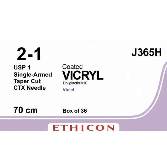 Ethicon Ethicon COATED VICRYL Polyglactin 910 Braided Absorbable Surgical Suture – USP 1 – 70 cm – Violet – Single - Armed Taper Cut CTX Needle – J365H (Box of 36) Size: 1 Colour: Violet Style: Taper Cut CTX UK J365H