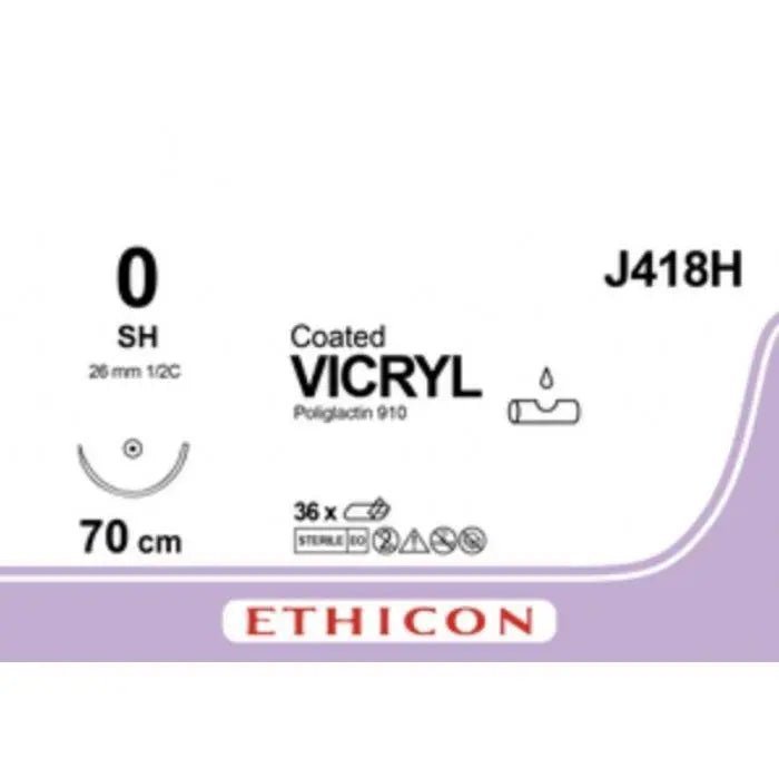 Ethicon Ethicon COATED VICRYL Polyglactin 910 Braided Absorbable Surgical Suture – USP 0 – 70 cm – Undyed – Single - Armed Taper Point SH Needle 26 mm, 1/2 Circle – J418H (Box of 36) Size: 0 Colour: Undyed Style: Taper Point SH UK J418H