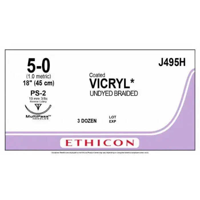 Ethicon Ethicon COATED VICRYL Polyglactin 910 Braided Absorbable Surgical Suture – USP 5 - 0 – 45 cm – Undyed – Single - Armed Taper Point PS - 2 Prime MP Needle 19 mm, 3/8 Circle – J495H (Box of 36) Size: 5 - 0 Colour: Undyed Style: Taper Point PS - 2 Prime MP UK J495H