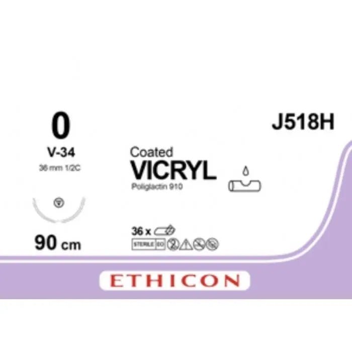 Ethicon Ethicon COATED VICRYL Polyglactin 910 Braided Absorbable Surgical Suture – USP 0 – 90 cm – Violet – Single - Armed Taper Point V - 34 Needle 36 mm, 1/2 Circle – J518H (Box of 36) Size: 0 Colour: Violet Style: Taper Point V - 34 UK J518H
