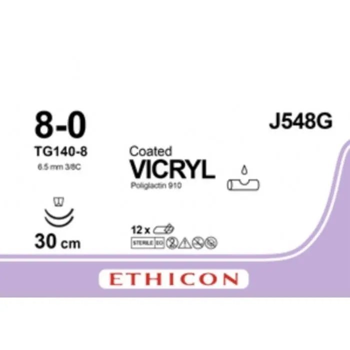 Ethicon Ethicon COATED VICRYL Polyglactin 910 Braided Absorbable Surgical Suture – USP 8 - 0 – 30 cm – Violet – Double - Armed Taper Point TG140 - 8 Needles 8 mm, 3/8 Circle – J548G (Box of 12) Size: 8 - 0 Colour: Violet Style: Taper Point TG140 - 8 UK J548G