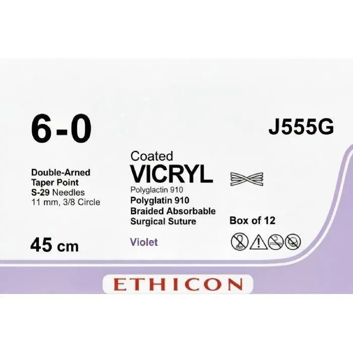 Ethicon Ethicon COATED VICRYL Polyglactin 910 Braided Absorbable Surgical Suture – USP 6 - 0 – 45 cm – Violet – Double - Armed Taper Point S - 29 Needles 11 mm, 3/8 Circle – J555G (Box of 12) Size: 6 - 0 Colour: Violet Style: Taper Point S - 29 UK J555G
