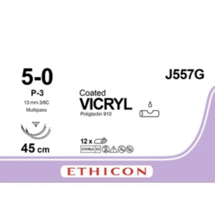 Ethicon Ethicon COATED VICRYL Polyglactin 910 Braided Absorbable Surgical Suture – USP 5 - 0 – 45 cm – Violet – Double - Armed Taper Point G - 3 Needles 13 mm, 3/8 Circle – J557G (Box of 12) Size: 5 - 0 Colour: Violet Style: Taper Point G - 3 UK J557G