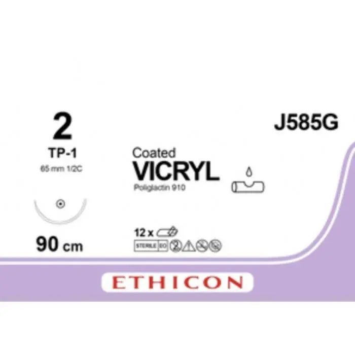Ethicon Ethicon COATED VICRYL Polyglactin 910 Braided Absorbable Surgical Suture – USP 2 – 90 cm – Violet – Single - Armed Taper Point TP - 1 Needle 48 mm, 1/2 Circle – J585G (Box of 12) Size: 2 Colour: Violet Style: Taper Point TP - 1 UK J585G