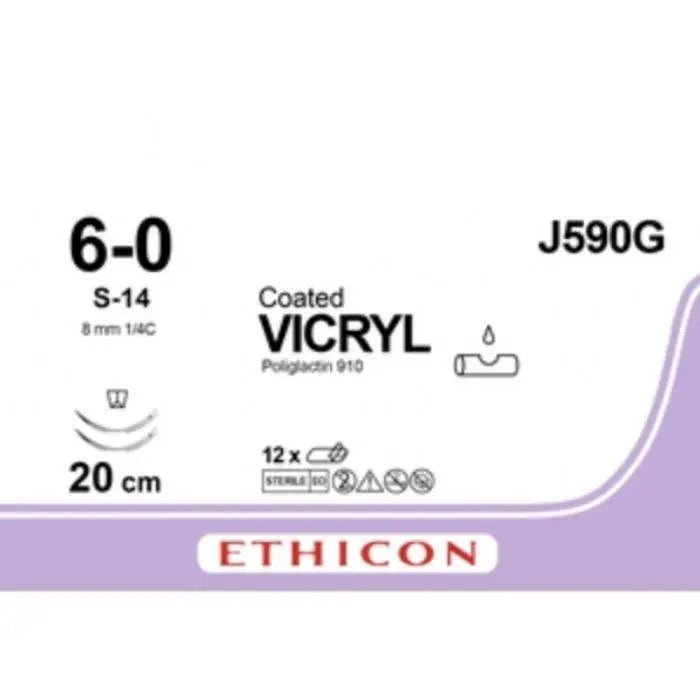 Ethicon Ethicon COATED VICRYL Polyglactin 910 Braided Absorbable Surgical Suture – USP 6 - 0 – 20 cm – Violet – Double - Armed Taper Point S - 14 Needles 13 mm, 3/8 Circle – J590G (Box of 12) Size: 6 - 0 Colour: Violet Style: Taper Point S - 14 UK J590G