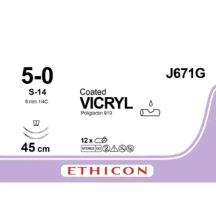 Ethicon Ethicon COATED VICRYL Polyglactin 910 Braided Absorbable Surgical Suture – USP 5 - 0 – 45 cm – Undyed – Double - Armed Taper Point S - 14 Needles 13 mm, 3/8 Circle – J671G (Box of 12) Size: 5 - 0 Colour: Undyed Style: Taper Point S - 14 UK J671G