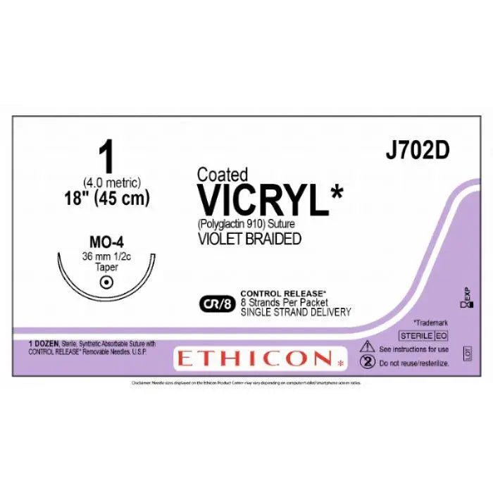 Ethicon Ethicon COATED VICRYL Polyglactin 910 Braided Absorbable Surgical Suture – USP 1 – 8 x 45 cm – Violet – Single - Armed Taper Point MO - 4 CONTROL RELEASE Needle 37 mm, 1/2 Circle – J702D (Box of 12) Size: 1 Colour: Violet Style: Taper Point MO - 4 UK J702D