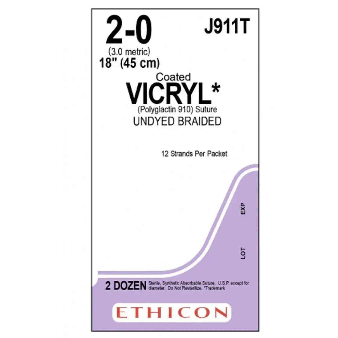Ethicon Ethicon COATED VICRYL Polyglactin 910 Braided Absorbable Surgical Suture – USP 2 - 0 – 45 cm (12 x 18 in) – Undyed – Non - Needled Ligature – J911T (Box of 24) Size: 2 - 0 Colour: Undyed Style: Non - needled UK J911T