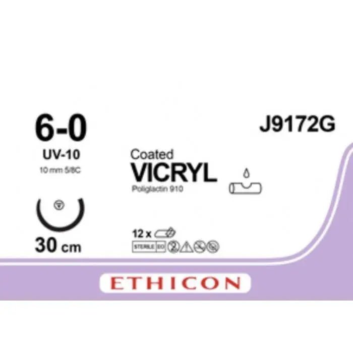 Ethicon Ethicon COATED VICRYL Polyglactin 910 Braided Absorbable Surgical Suture – USP 6 - 0 – 30 cm – Violet – Single - Armed Taper Point UV - 10 Needle 10 mm, 3/8 Circle – J9172G (Box of 12) Size: 6 - 0 Colour: Violet Style: aper Point UV - 10 UK J9172G