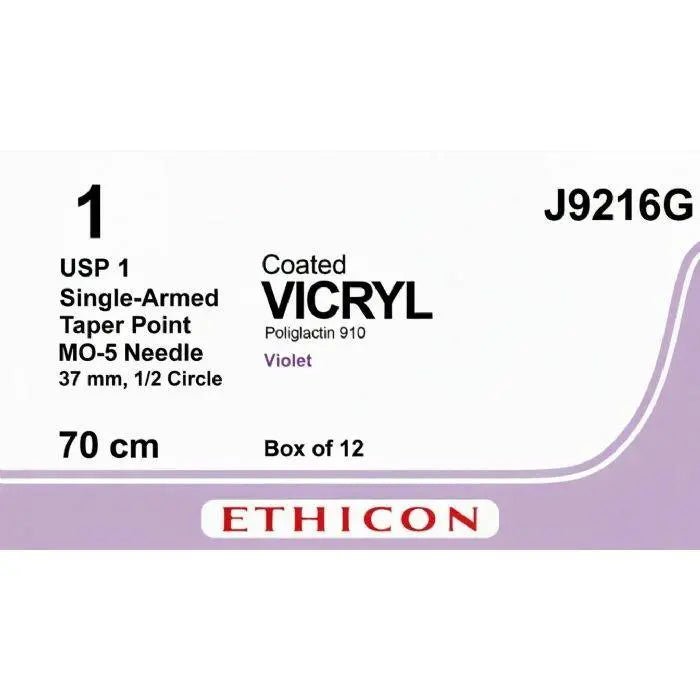 Ethicon Ethicon COATED VICRYL Polyglactin 910 Braided Absorbable Surgical Suture – USP 1 – 70 cm – Violet – Single - Armed Taper Point MO - 5 Needle 37 mm, 1/2 Circle – J9216G (Box of 12) Size: 1 Colour: Violet Style: Taper Point MO - 5 UK J9216G