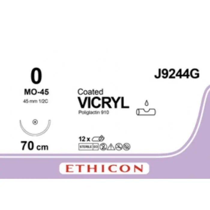 Ethicon Ethicon COATED VICRYL Polyglactin 910 Braided Absorbable Surgical Suture – USP 0 – 70 cm – Violet – Single - Armed Taper Point MO - 45 Needle 45 mm, 1/2 Circle – J9244G (Box of 12) Size: 0 Colour: Violet Style: Taper Point MO - 45 UK J9244G