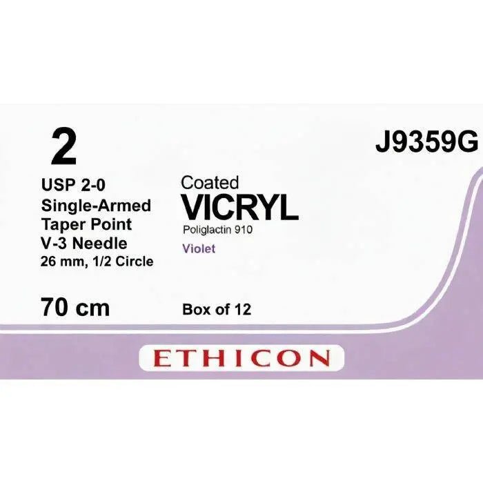 Ethicon Ethicon COATED VICRYL Polyglactin 910 Braided Absorbable Surgical Suture – USP 2 - 0 – 70 cm – Violet – Single - Armed Taper Point V - 3 Needle 26 mm, 1/2 Circle – J9359G (Box of 12) Size: 2 - 0 Colour: Violet Style: aper Point V - 3 UK J9359G