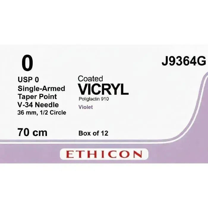 Ethicon Ethicon COATED VICRYL Polyglactin 910 Braided Absorbable Surgical Suture – USP 0 – 70 cm – Violet – Single - Armed Taper Point V - 34 Needle 36 mm, 1/2 Circle – J9364G (Box of 12) Size: 0 Colour: Violet Style: Taper Point V - 34 UK J9364G