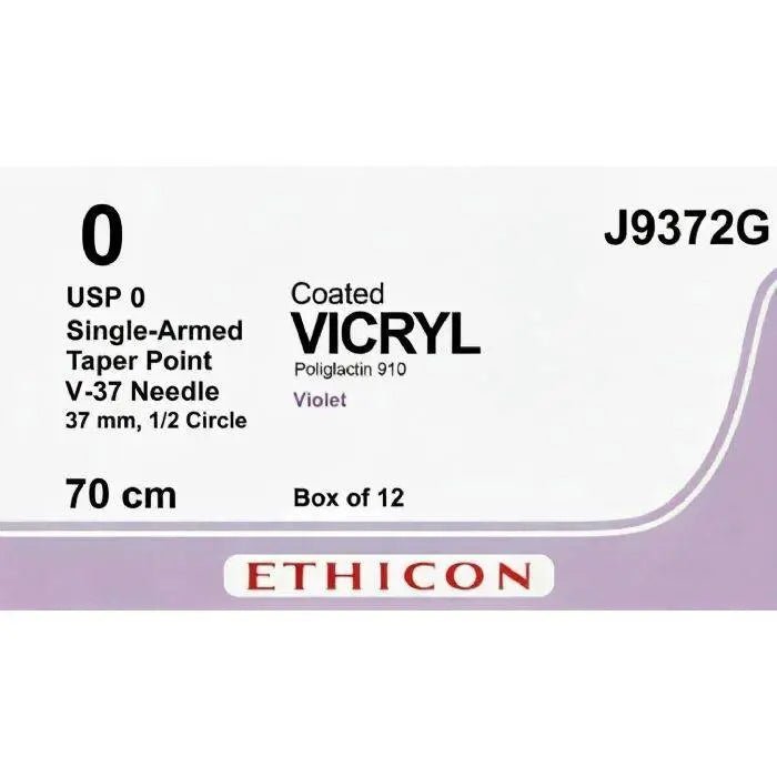 Ethicon Ethicon COATED VICRYL Polyglactin 910 Braided Absorbable Surgical Suture – USP 0 – 70 cm – Violet – Single - Armed Taper Point V - 37 Needle 37 mm, 1/2 Circle – J9372G (Box of 12) Size: 0 Colour: Violet Style: Taper Point V - 37 UK J9372G