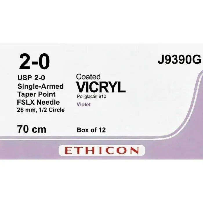 Ethicon Ethicon COATED VICRYL Polyglactin 910 Braided Absorbable Surgical Suture – USP 2 - 0 – 70 cm – Violet – Single - Armed Taper Point FSLX Needle 26 mm, 1/2 Circle – J9390G (Box of 12) Size: 2 Colour: Violet Style: Taper Point FSLX UK J9390G