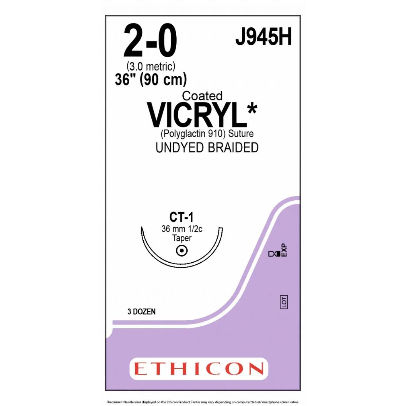 Ethicon Ethicon COATED VICRYL Polyglactin 910 Braided Absorbable Surgical Suture – USP 2 - 0 – 90 cm – Undyed – Single - Armed Taper Point CT - 1 Needle 36 mm, 1/2 Circle – J945H (Box of 36) Size: 2 - 0 Colour: Undyed Style: Taper Point CT - 1 UK J945H