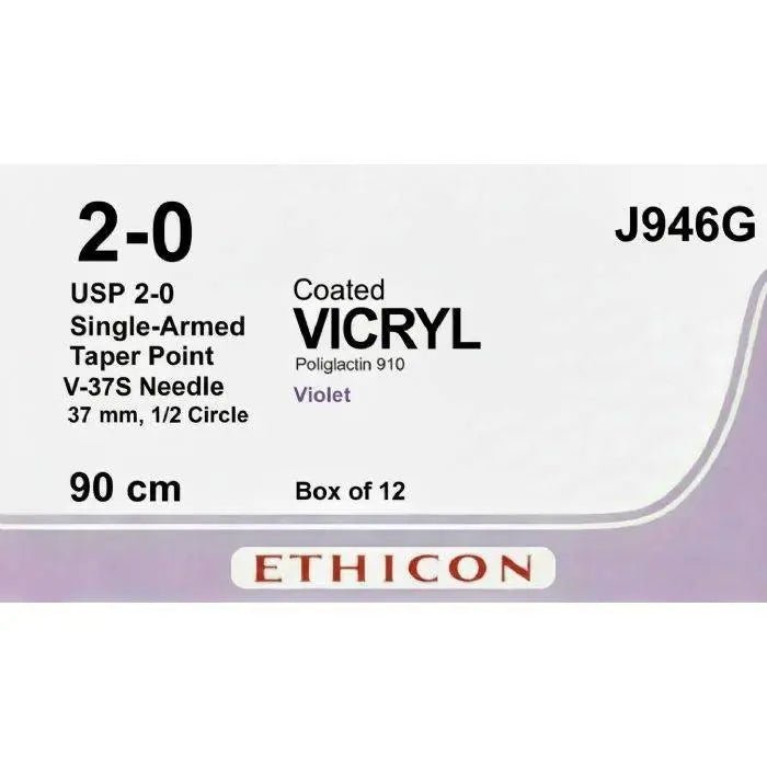 Ethicon Ethicon COATED VICRYL Polyglactin 910 Braided Absorbable Surgical Suture – USP 2 - 0 – 90 cm – Violet – Single - Armed Taper Point V - 37S Needle 37 mm, 1/2 Circle – J9466G (Box of 12) Size: 2 - 0 Colour: Violet Style: Taper Point V - 37S UK J9466G