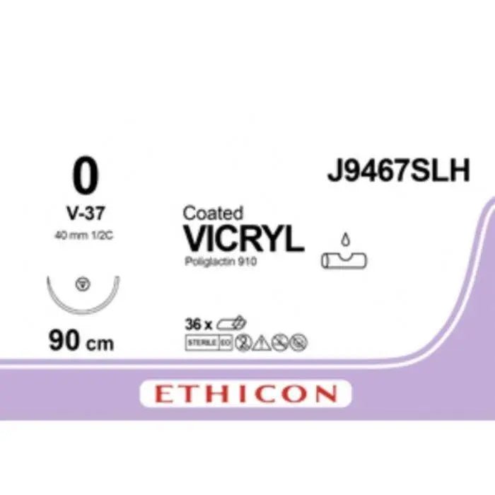 Ethicon Ethicon COATED VICRYL Polyglactin 910 Braided Absorbable Surgical Suture – USP 0 – 90 cm – Violet – Single - Armed Taper Point V - 37 Needle 37 mm, 1/2 Circle – J9467SLH (Box of 36) Size: 0 Colour: Violet Style: Taper Point V - 37 UK J9467SLH
