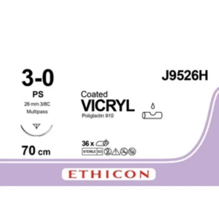 Ethicon Ethicon COATED VICRYL Polyglactin 910 Braided Absorbable Surgical Suture – USP 3 - 0 – 70 cm – Undyed – Single - Armed Taper Point PS Needle 24 mm, 3/8 Circle – J9526H (Box of 36) Size: 3 - 0 Colour: Undyed Style: Taper Point PS UK J9526H