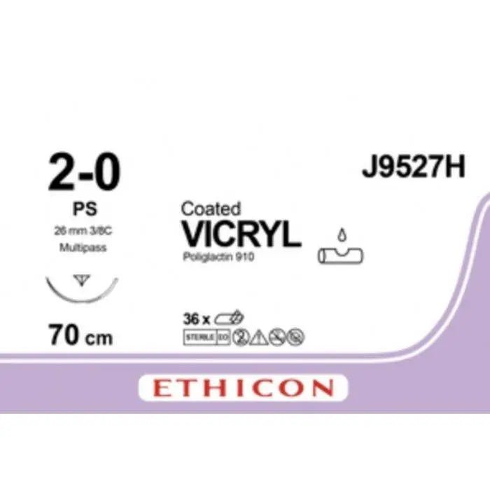 Ethicon Ethicon COATED VICRYL Polyglactin 910 Braided Absorbable Surgical Suture – USP 2 - 0 – 70 cm – Undyed – Single - Armed Taper Point PS PRIME MP Needle 24 mm, 3/8 Circle – J9527H (Box of 36) Size: 2 - 0 Colour: Undyed Style: Taper Point PS PRIME MP UK J9527H