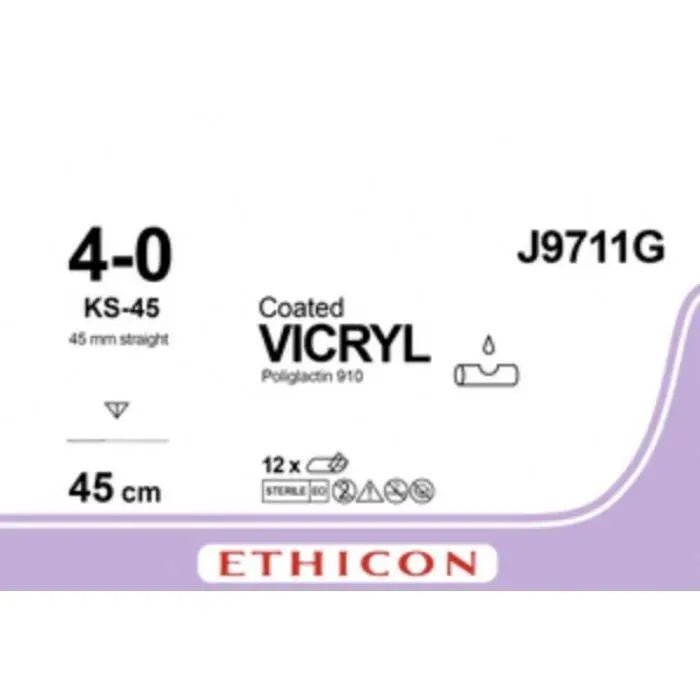 Ethicon Ethicon COATED VICRYL Polyglactin 910 Braided Absorbable Surgical Suture – USP 4 - 0 – 45 cm – Undyed – Single - Armed Taper Point KS - 45 Needle 45 mm, 1/2 Circle – J9711G (Box of 12) Size: 4 - 0 Colour: Undyed Style: Taper Point KS - 45 UK J9711G