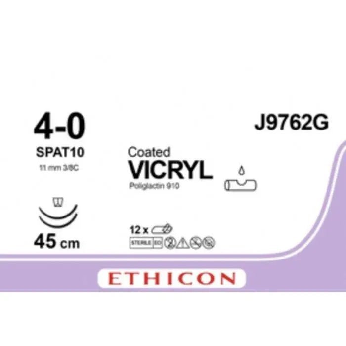 Ethicon Ethicon COATED VICRYL Polyglactin 910 Braided Absorbable Surgical Suture – USP 4 - 0 – 45 cm – Undyed – Double - Armed Spatula SPAT - 10 Needles 10 mm, 1/2 Circle – J9762G (Box of 12) Size: 4 - 0 Colour: Undyed Style: Spatula SPAT - 10 UK J9762G