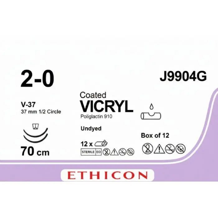 Ethicon Ethicon COATED VICRYL Polyglactin 910 Braided Absorbable Surgical Suture – USP 2 - 0 – 70 cm – Undyed – Single - Armed Taper Point V - 37 Needle 37 mm, 1/2 Circle – J9904G (Box of 12) Size: 2 - 0 Colour: Undyed Style: Taper Point V - 37 UK J9904G