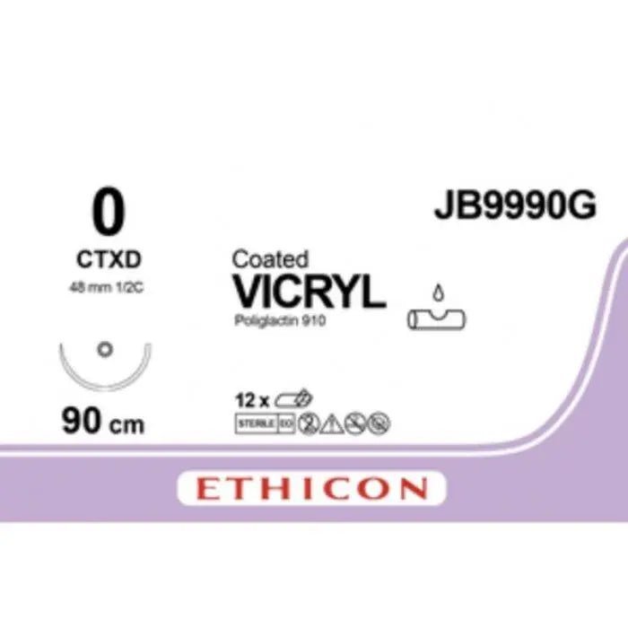 Ethicon Ethicon COATED VICRYL Polyglactin 910 Braided Absorbable Surgical Suture – USP 0 – 90 cm – Violet – Single - Armed Taper Cut CTXD Needle 40 mm, 1/2 Circle – JB9990G (Box of 12) Size: 0 Colour: Violet Style: Taper Cut CTXD UK JB9990G