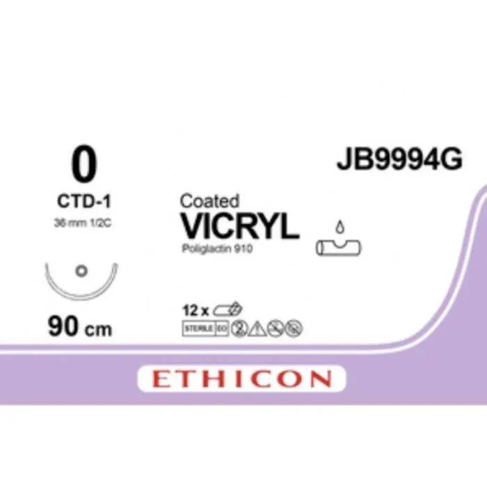 Ethicon Ethicon COATED VICRYL Polyglactin 910 Braided Absorbable Surgical Suture – USP 0 – 90 cm – Violet – Single - Armed Taper Cut CTD - 1 Needle 36 mm, 1/2 Circle – JB9994G (Box of 12) Size: 0 Colour: Violet Style: Taper Cut CTD - 1 UK JB9994G