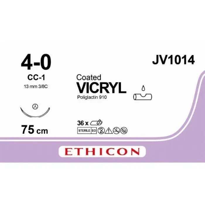 Ethicon Ethicon VICRYL Polyglactin 910 Braided Absorbable Surgical Suture – USP 4 - 0 – 75 cm – Violet – Single - Armed Conventional Cutting CC - 1 Needle 13 mm, 3/8 Circle – JV1014 (Box of 36) Size: 4 - 0 Colour: Violet (D&C Violet 2) Style: Conventional Cutting CC - 1 UK JV1014