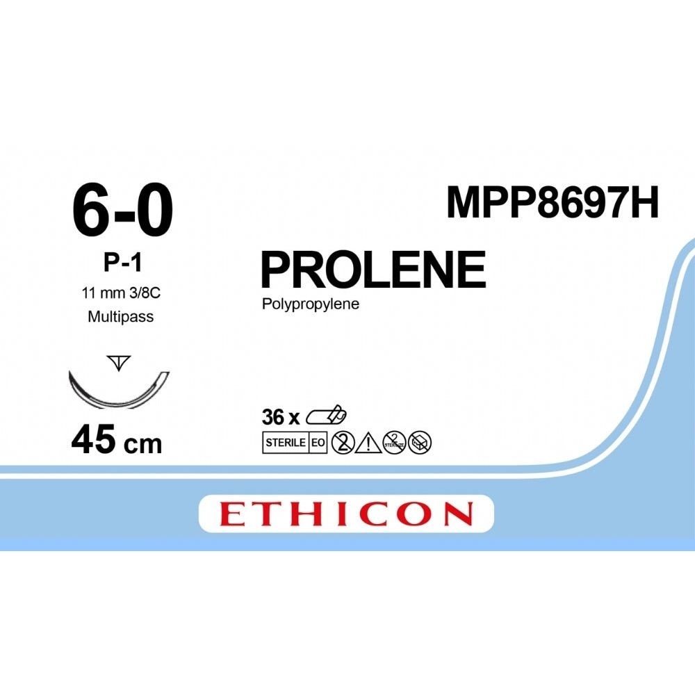Ethicon Ethicon PROLENE Polypropylene Blue Non - Absorbable Surgical Suture USP 6 - 0 45 cm P - 1 PRIME Reverse Cutting Needle MPP8697H (Box of 36) UK MPP8697H