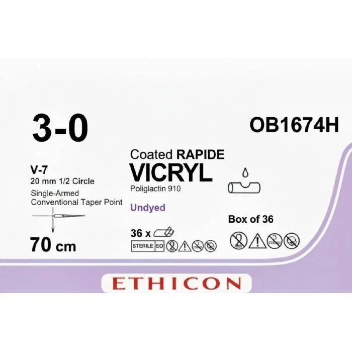 Ethicon Ethicon VICRYL RAPIDE Polyglactin 910 Braided Rapidly Absorbable Surgical Suture – USP 3 - 0 – 70 cm – Undyed – Single - Armed Taper Point V - 7 Needle 20 mm, 1/2 Circle – OB1674H (Box of 36) Size: 3 - 0 Colour: Undyed Style: aper Point V - 7 UK OB1674H