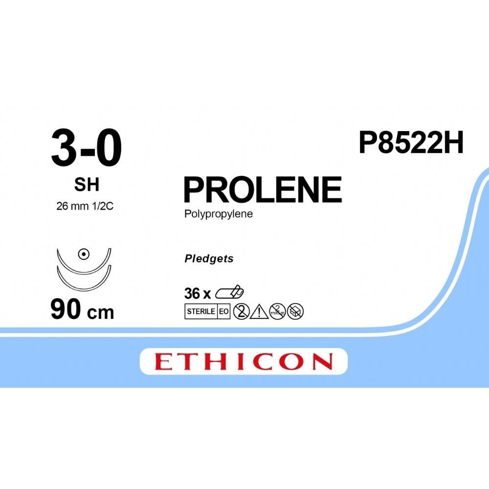 Ethicon Ethicon PROLENE Polypropylene Blue Non - Absorbable Surgical Suture with Firm Pledgets USP 3 - 0 36 in (91 cm) Double - Armed SH Taper Point Needles (26 mm) P8522H (Box of 6) UK P8522H