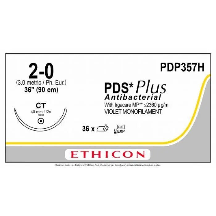 Ethicon Ethicon PDS® Plus Antibacterial (Polydioxanone) Violet Absorbable Surgical Suture – USP 2 - 0 – 36 in (90 cm) – CT Taperpoint Needle (40 mm) – PDP357H (Box of 36) UK PDP357H