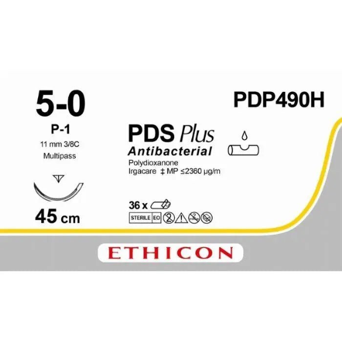Ethicon Ethicon PDS® Plus Antibacterial (Polydioxanone) Undyed Absorbable Surgical Suture | USP 5 - 0 | 45 cm | P - 1 PRIME™ Reverse Cutting Needle (11 mm) | MULTIPASS® | PDP490H (Box of 36) UK PDP490H