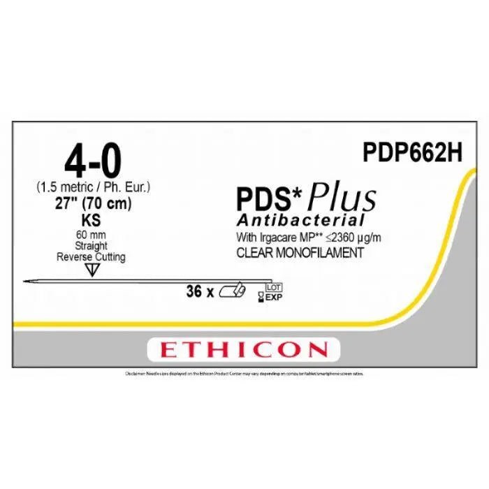 Ethicon Ethicon PDS® Plus Antibacterial (Polydioxanone) Undyed Absorbable Surgical Suture | USP 4 - 0 | 27 in (70 cm) | KS Reverse Cutting Needle (60 mm) | PDP662H (Box of 36) UK PDP662H