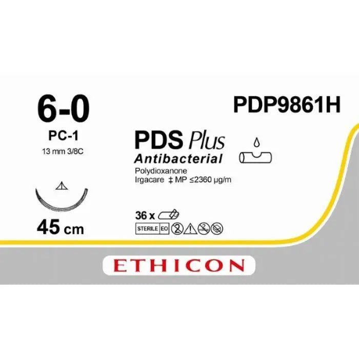 Ethicon Ethicon PDS® Plus Antibacterial (Polydioxanone) Undyed Absorbable Veterinary Suture | USP 6 - 0 | 45 cm | PC - 1 PRIME Conventional Cutting Needle (13 mm) | PDP9861H (Box of 36) UK PDP9861H
