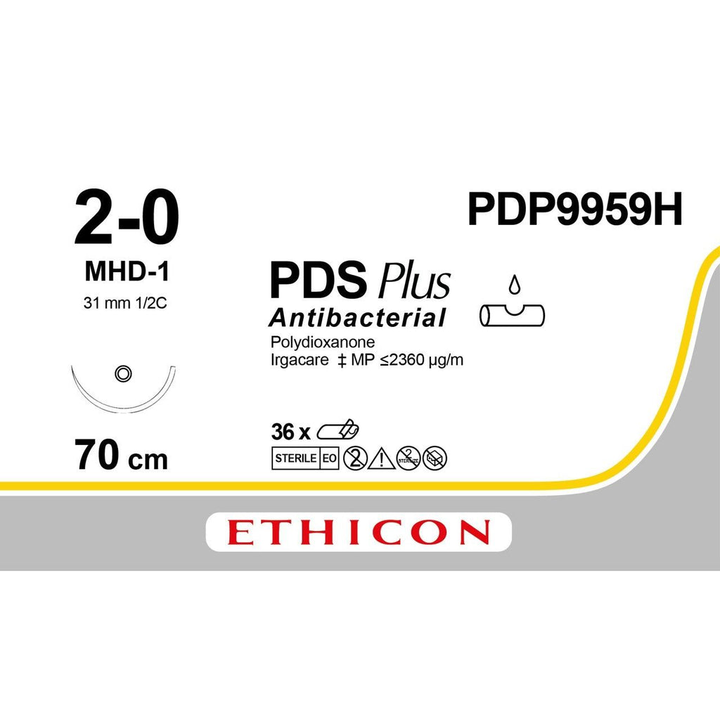 Ethicon Ethicon PDS® Plus Antibacterial (Polydioxanone) Violet Absorbable Veterinary Suture – USP 2 - 0 – 70 cm – MHD - 1 Blunt Point Dolphin Needle (31 mm) – PDP9959H (Box of 36) UK PDP9959H