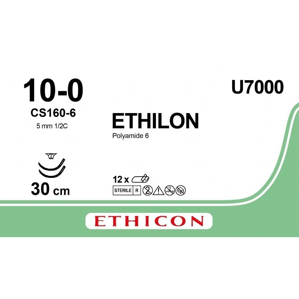 Ethicon Ethicon ETHILON Black Monofilament Non - Absorbable Microsurgical Suture USP 10 - 0 12 in (30 cm) Black Double - Armed CS160 - 6 Taper Point Needles 6.5 mm 3/8 Circle U7000 (Box of 12) UK U7000