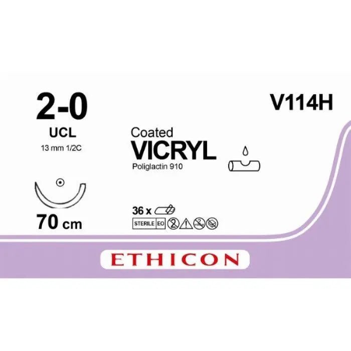 Ethicon Ethicon VICRYL Polyglactin 910 Braided Absorbable Surgical Suture – USP 2 - 0 – 70 cm – Violet – Single - Armed Conventional Cutting UCL Needle 26 mm, 3/8 Circle – V114H (Box of 36) Size: 2 - 0 Colour: Violet (D&C Violet 2) Style: Conventional Cutting UCL UK V114H