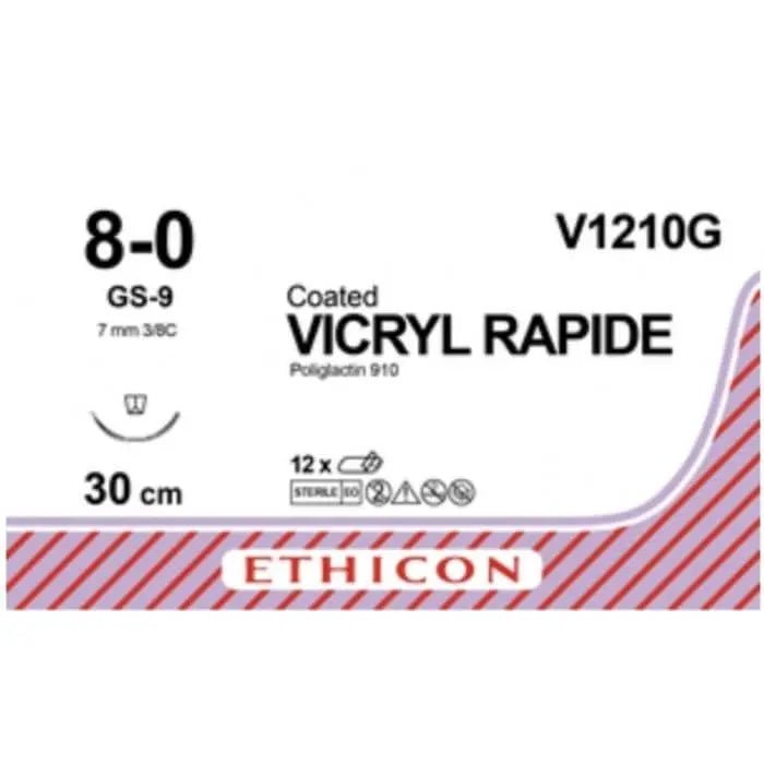 Ethicon Ethicon VICRYL RAPIDE Polyglactin 910 Braided Rapidly Absorbable Surgical Suture – USP 8 - 0 – 30 cm – Violet – Single - Armed Taper Point GS - 9 Needle 9 mm, 3/8 Circle – V1210G (Box of 12) Size: 8 - 0 Colour: Violet Style: Taper Point GS - 9 UK V1210G
