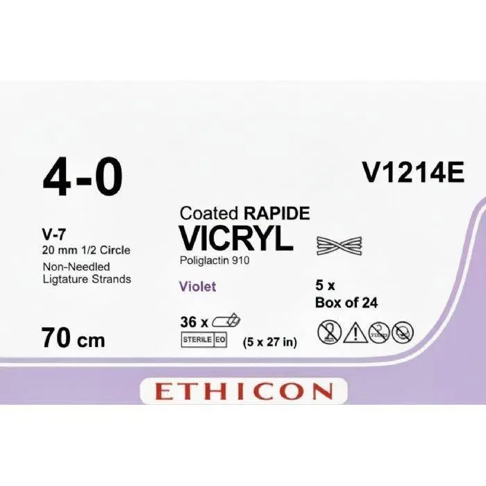 Ethicon Ethicon VICRYL Polyglactin 910 Braided Absorbable Surgical Suture – USP 4 - 0 – 70 cm (5 x 27 in) – Violet – Non - Needled Ligature Strands – V1214E (Box of 24) Size: 4 - 0 Colour: Violet (D&C Violet 2) Style: Non - needled UK V1214E